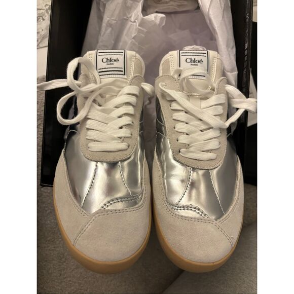 Nib Chloé 25MM Metallic Leather-Suede Kick Sneakers, $795 Sz 38 - Picture 5 of 12